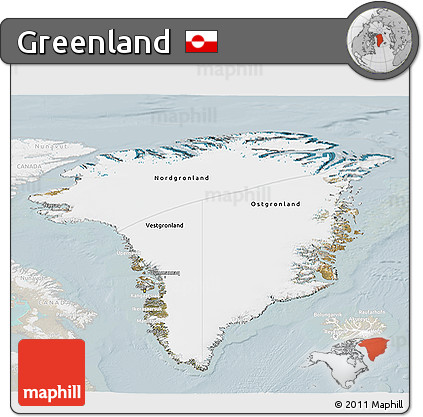 Satellite 3D Map of Greenland, lighten