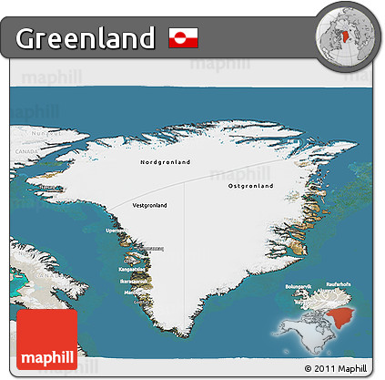 Satellite 3D Map of Greenland, lighten, land only