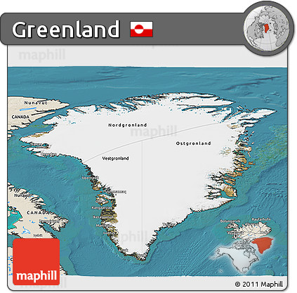 Satellite 3D Map of Greenland, shaded relief outside, satellite sea