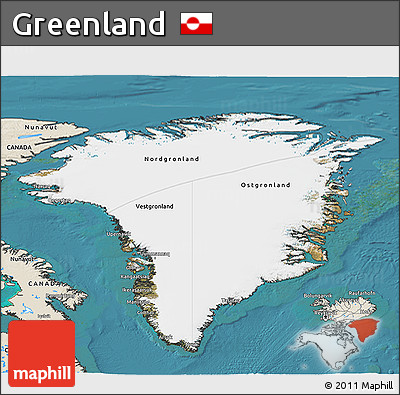 Satellite 3D Map of Greenland, shaded relief outside, satellite sea