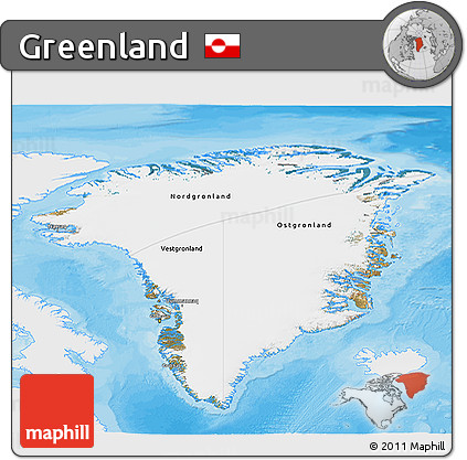 Satellite 3D Map of Greenland, single color outside, bathymetry sea, shaded relief sea