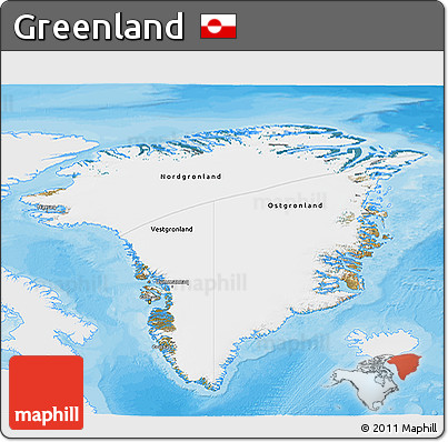Satellite 3D Map of Greenland, single color outside, bathymetry sea, shaded relief sea
