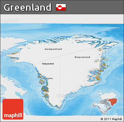 Satellite 3D Map of Greenland, single color outside, bathymetry sea, shaded relief sea