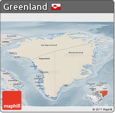 Shaded Relief 3D Map of Greenland, semi-desaturated