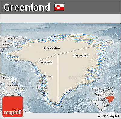 Shaded Relief 3D Map of Greenland, semi-desaturated