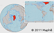 Gray Location Map of Greenland, within the entire continent, hill shading