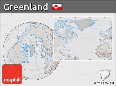 Gray Location Map of Greenland, lighten, desaturated, hill shading