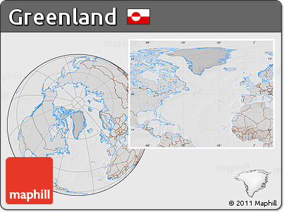 Gray Location Map of Greenland, lighten, desaturated, hill shading