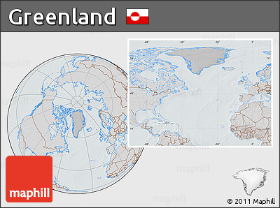 Gray Location Map of Greenland, lighten, semi-desaturated, hill shading