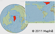 Savanna Style Location Map of Greenland, within the entire continent, hill shading