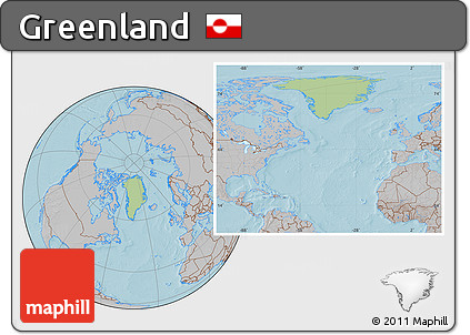 Savanna Style Location Map of Greenland, gray outside, hill shading outside
