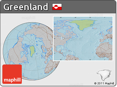 Savanna Style Location Map of Greenland, gray outside, hill shading outside