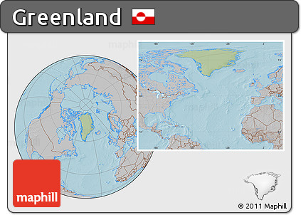 Savanna Style Location Map of Greenland, gray outside, hill shading