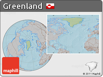Savanna Style Location Map of Greenland, gray outside, hill shading