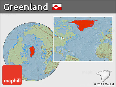 Savanna Style Location Map of Greenland, hill shading