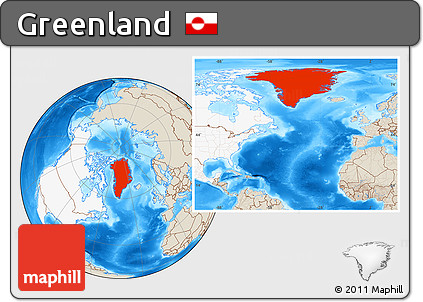 Shaded Relief Location Map of Greenland, highlighted continent