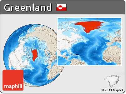 Shaded Relief Location Map of Greenland, highlighted continent