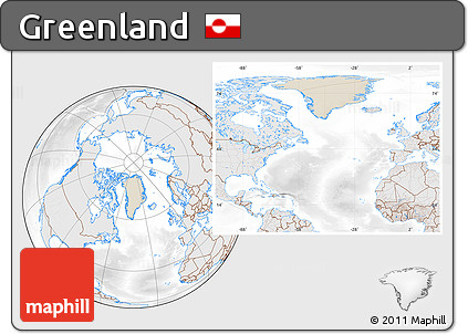 Shaded Relief Location Map of Greenland, lighten, desaturated