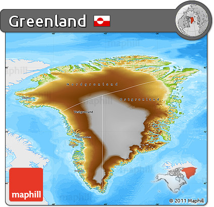 Physical Map of Greenland, single color outside, bathymetry sea