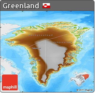 Physical Map of Greenland, single color outside, bathymetry sea