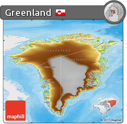 Physical Map of Greenland, single color outside, bathymetry sea, shaded relief sea