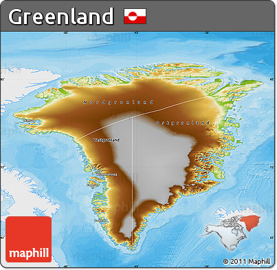 Physical Map of Greenland, single color outside, bathymetry sea, shaded relief sea