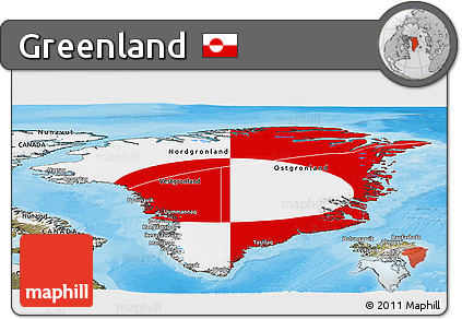 Flag Panoramic Map of Greenland, satellite outside, bathymetry sea, flag rotated