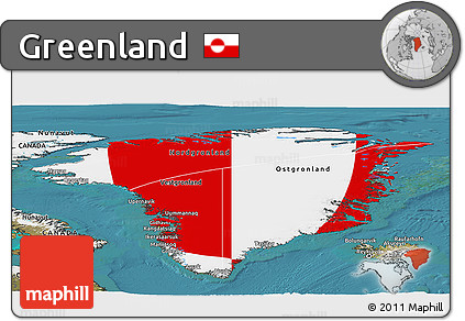 Flag Panoramic Map of Greenland, satellite outside, flag aligned to the middle