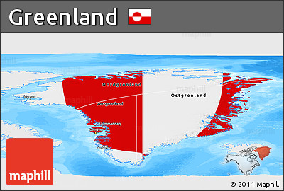 Flag Panoramic Map of Greenland, single color outside, bathymetry sea, flag aligned to the middle