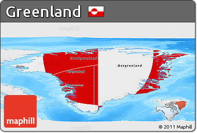 Flag Panoramic Map of Greenland, single color outside, bathymetry sea, flag aligned to the middle