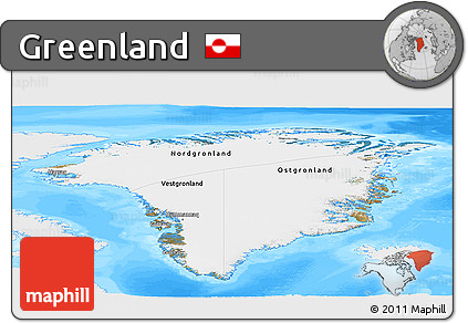 Satellite Panoramic Map of Greenland, single color outside, bathymetry sea