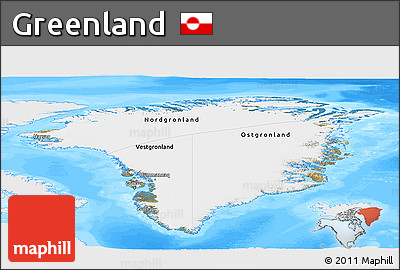 Satellite Panoramic Map of Greenland, single color outside, bathymetry sea