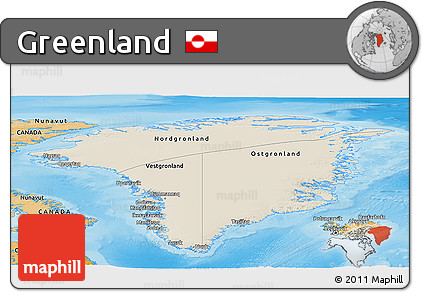 Shaded Relief Panoramic Map of Greenland, political shades outside, shaded relief sea