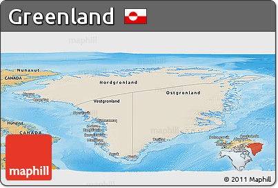 Shaded Relief Panoramic Map of Greenland, political shades outside, shaded relief sea