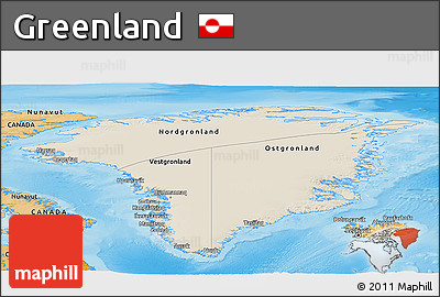 Shaded Relief Panoramic Map of Greenland, political shades outside, shaded relief sea