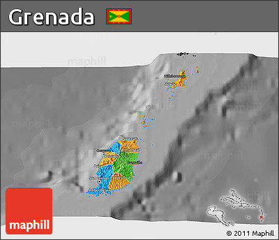 Political 3D Map of Grenada, darken, desaturated
