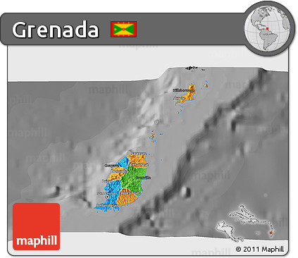 Political 3D Map of Grenada, darken, desaturated