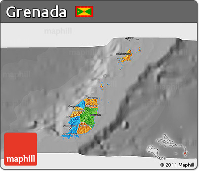 Political 3D Map of Grenada, darken, desaturated