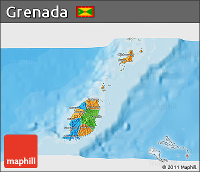 Political 3D Map of Grenada, shaded relief outside, bathymetry sea