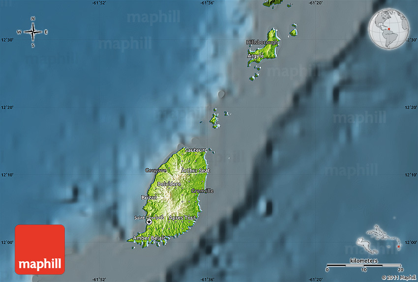 Physical Map of Grenada, darken