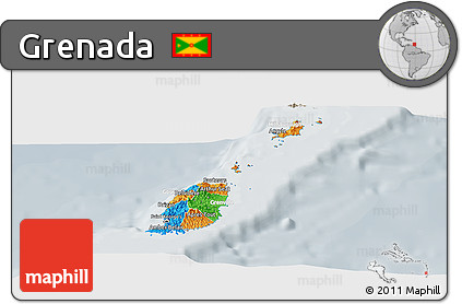 Political Panoramic Map of Grenada, lighten, semi-desaturated