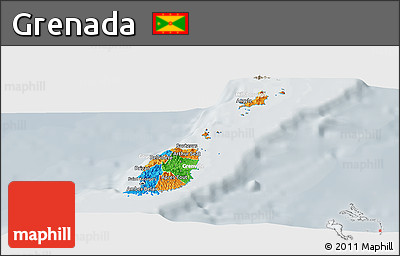 Political Panoramic Map of Grenada, lighten, semi-desaturated