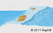 Political Shades Panoramic Map of Grenada, shaded relief outside, bathymetry sea