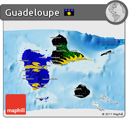 Flag 3D Map of Guadeloupe, physical outside, flag rotated