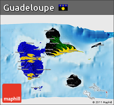 Flag 3D Map of Guadeloupe, physical outside, flag rotated