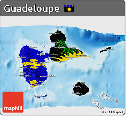 Flag 3D Map of Guadeloupe, physical outside, flag rotated