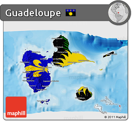 Flag 3D Map of Guadeloupe, satellite outside, bathymetry sea, flag aligned to the middle