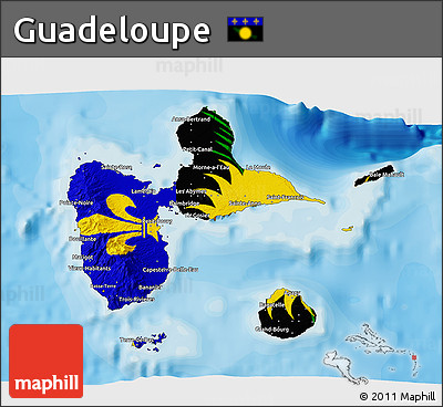 Flag 3D Map of Guadeloupe, satellite outside, bathymetry sea, flag aligned to the middle