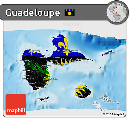Flag 3D Map of Guadeloupe, shaded relief outside, flag centered