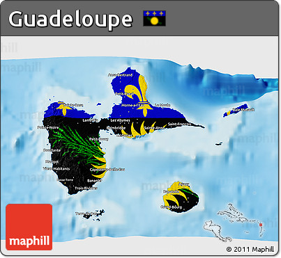 Flag 3D Map of Guadeloupe, shaded relief outside, flag centered